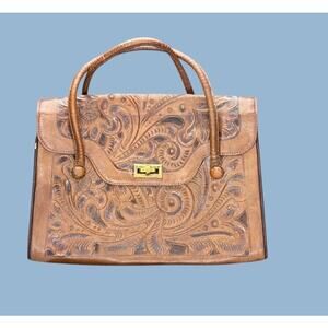 Vintage Gallan Mexico Hand Tooled Leather Handbag Purse Brown Boho Western Retro